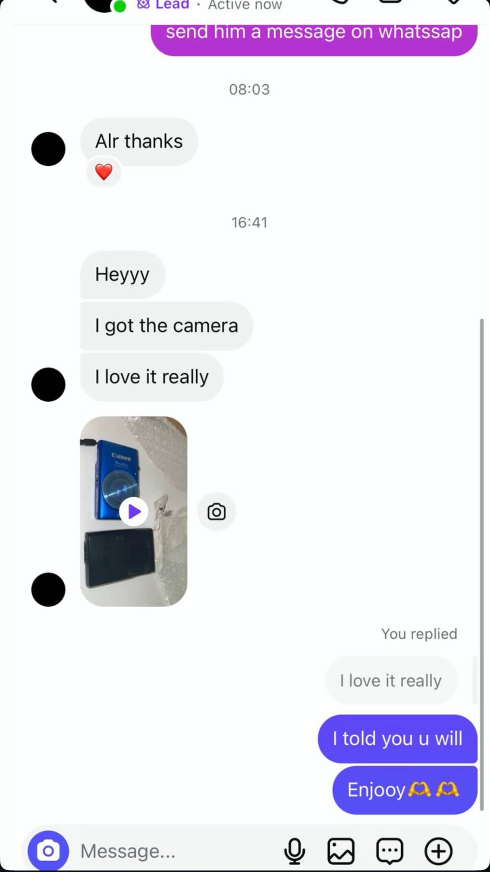 Customer message screenshot