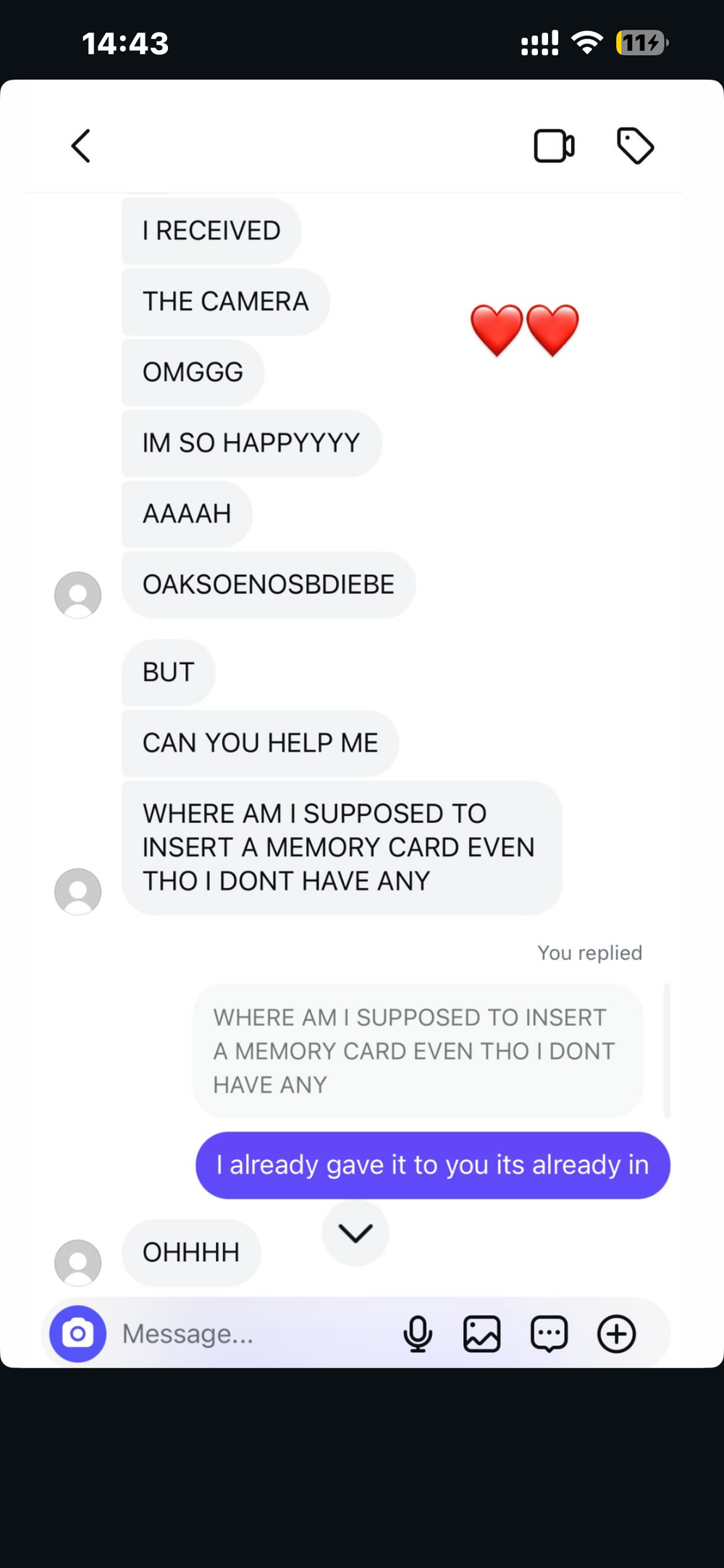 Customer message screenshot